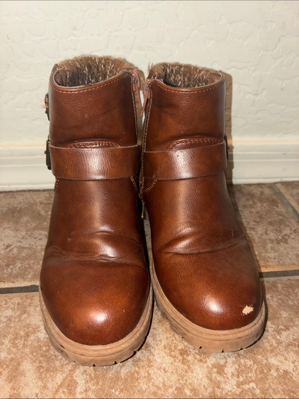 Madden Girl Girls Brown Faux-Leather Fur-Lined Ankle Boots